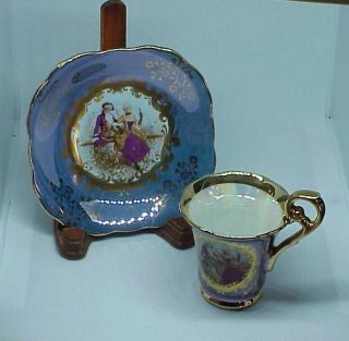 Antique Kpm Iridescent Blue Demi Tasse Cup & Saucer Vintage 1800s Couple Gilded