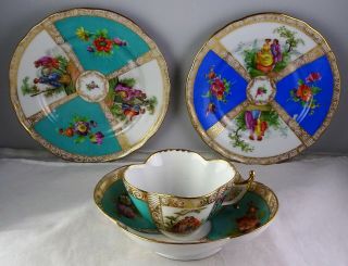 Antique Dresden Quatrefoil Cup & Saucer,  Two 6 " Plates Courting Scenes Gold