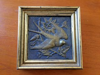 Aesthetic Movement Cast Brass Framed Wall Plaque Of Swallow And Flowers