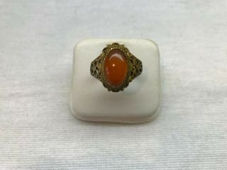 Antique Chinese Export Gold Wash Silver Filigree Carnelian Ring Adjustable 2