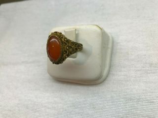 Antique Chinese Export Gold Wash Silver Filigree Carnelian Ring Adjustable 3
