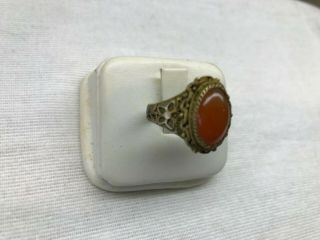 Antique Chinese Export Gold Wash Silver Filigree Carnelian Ring Adjustable 4