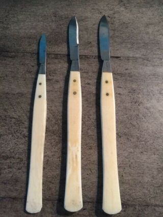 Set Of Three Antique 1850s Ivory Surgical Scalpels By Tiemann.