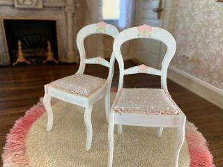 1980s Miniature Dollhouse Artisan Wicker Wood Style Feminine Chairs Pink