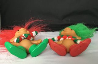 Vintage 1960 ' s pair Russ Christmas Santa Elf Troll Dolls Red Green Hair Shoes 3 