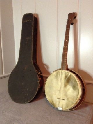 Vintage Antique 29.  5 " Wood Banjo 4 String 17 Fret & Case