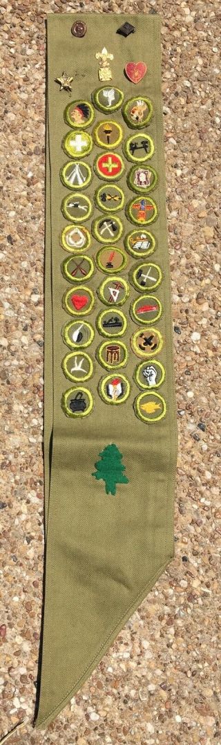 Vintage 1930s 40s Boy Scout Merit Badge Sash Pins Patches & Felt Camp Meriwether