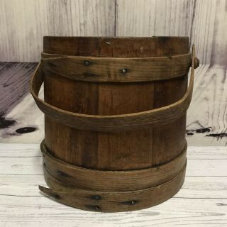 Vintage Primitive Wooden Firkin Sugar Bucket Pantry Box With Swing Handle