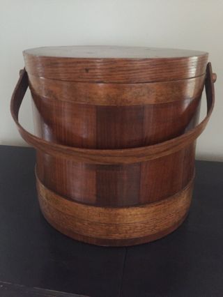Antique Primitive Wood Firkin Sugar Bucket 4 Finger Banded 11.  75”