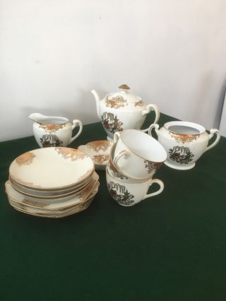 Antique 1908 Noritake Green & Gold Komaru Mark Tea Set Pot,  Sugar,  Cream,  Cups