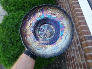 Antique Fenton Carnival Glass Dragon & Lotus Blue Bowl Iridescence