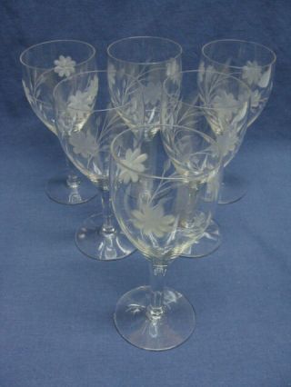 6 Vtg Cut Crystal Wheel Etched Water Wine Goblets Glasses 8petal Daisies/leaves