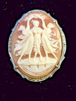Antique Shell Cameo Hand Carved Three Graces - Marcasite - Silver - Pin/pendant
