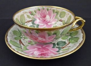 Antique Pouyat Limoges Cup & Saucer,  Hand Painted,  Roses