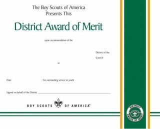 Boy Scout Official Bsa Adult Leader District Award Of Merit Certificate 8.  5x10 "