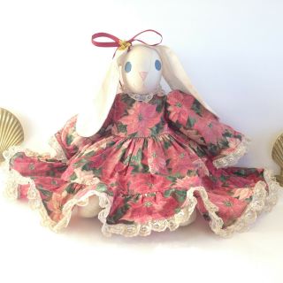 Bunny Rabbit Plush Toy Handsewn Handmade Vtg Americana Easter Poinsettia Dress