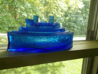 Cobalt Blue Uncle Sam On Battleship " Remember The Maine " Covered Mustard Jar