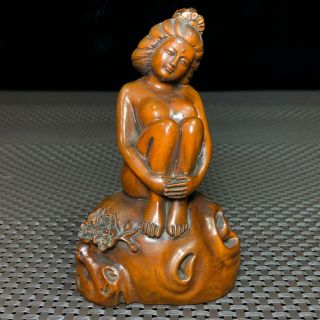 Old Boxwood Japanese Netsuke Naked Belle Ornament Collectible Vintage Statue