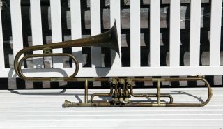Old Antique Tenor Rotary Valve Trombone Brass Horn B - Flat 19th C.  Enrico Pagani