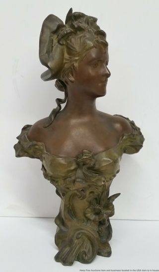 Antique Art Nouveau Patinated Bronzed Spelter Woman Bust Statue Sculpture