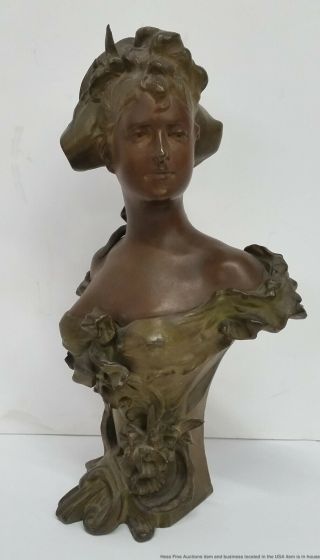 Antique Art Nouveau Patinated Bronzed Spelter Woman Bust Statue Sculpture 2