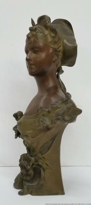 Antique Art Nouveau Patinated Bronzed Spelter Woman Bust Statue Sculpture 3