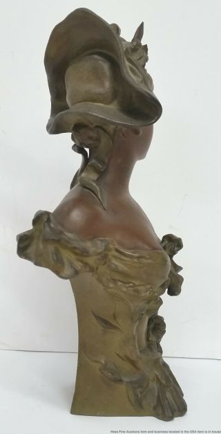 Antique Art Nouveau Patinated Bronzed Spelter Woman Bust Statue Sculpture 4