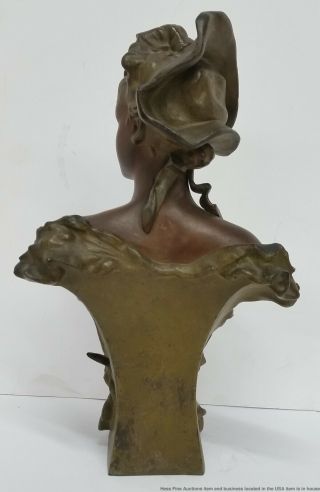 Antique Art Nouveau Patinated Bronzed Spelter Woman Bust Statue Sculpture 5