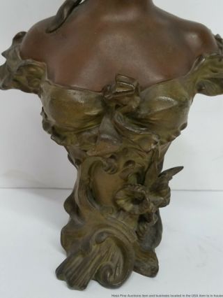 Antique Art Nouveau Patinated Bronzed Spelter Woman Bust Statue Sculpture 7