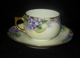 Antique Hand Painted Purple Violet Flowers Tea Cup Saucer Set Gold Rim
