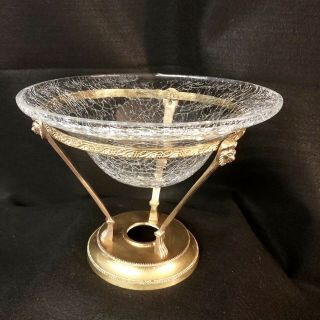 Crackled Glass Bowl With 3 Lions Gold Brass Stand Pedestal From India