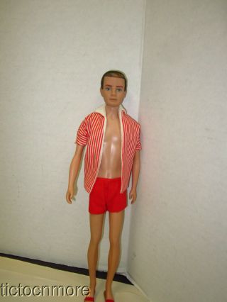 Vintage Barbie Ken Doll Brunette Fuzzy Hair,  Basic Swim Set Shorts Sandals