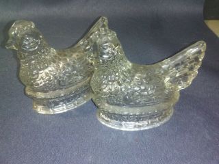 2 Antique Jeanette,  Pa Glass Chicken Hen On Nest Figure Old Candy Container
