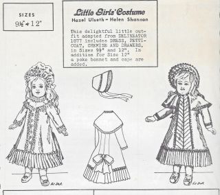 9.  5&12 " Antique French - German Small Doll@1877 Dress Underwear Cape Bonnet Pattern