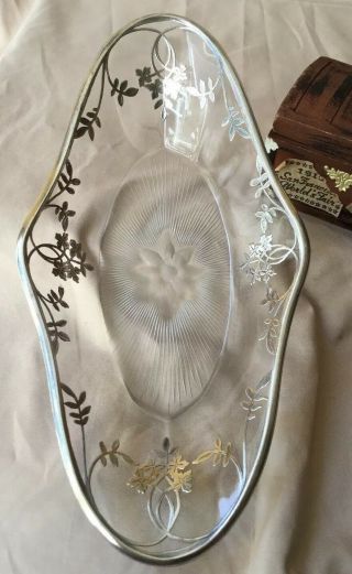 Antique Vintage Art Nouveau Etched Crystal Sterling Silver Overlay Bowl Dish