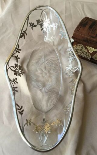 Antique Vintage Art Nouveau Etched Crystal Sterling Silver Overlay Bowl Dish 6
