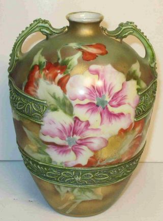 Exquisite Antique Hand Painted Nippon Double Handled 8 " Flowered Vase