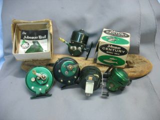 Vintage/old Fishing Reels - 5 Antique Reels - Closed Face Spinning - Johnson - Shakes.