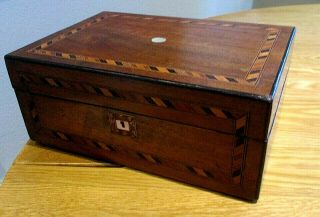 Victorian Walnut Sewing/jewellery Box,  Inlay Bands,  M.  O.  P.  Red Lined Interior.