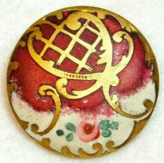 Antique Vtg Button Brass CHAMPLEVE Enamel Red w Gold Scrolls & Roses M3 2