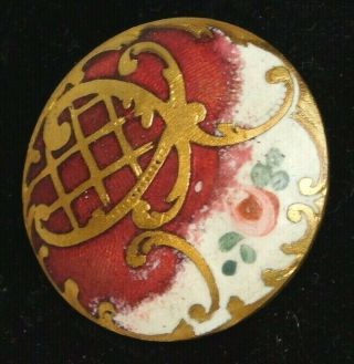 Antique Vtg Button Brass CHAMPLEVE Enamel Red w Gold Scrolls & Roses M3 4