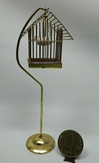 Dollhouse Miniature Brass Bird Cage with Stand 5 1/4 