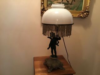Early Rare Antique Gas Converted To Electric Cherub Beaded Table Lamp