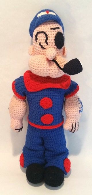 Vintage Popeye The Sailor Man Crochet 24 " Stuffed Plush Doll Toy Navy Handmade