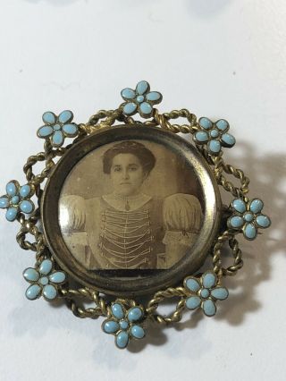 Antique Victorian Forget - Me - Not Floral Brass Blue Enamel Rememberence Pin Brooch