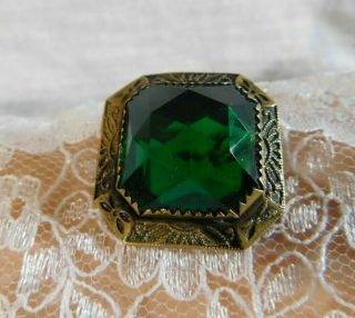 Vintage Art Deco Emerald Green Rhinestone Antique Gold Framed Brooch 1 "