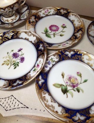 Qty 3 Antique 19 C Plate Set Cobalt Blue Gold Stunning Floral Early Tea Table