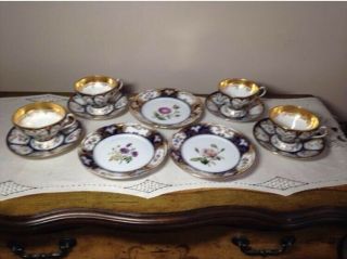 Qty 3 Antique 19 c Plate Set Cobalt Blue Gold Stunning Floral Early Tea Table 3