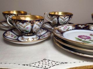 Qty 3 Antique 19 c Plate Set Cobalt Blue Gold Stunning Floral Early Tea Table 4