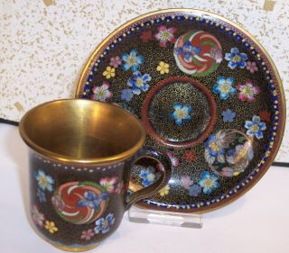 Very Fine Antique Japanese Meiji Cloisonne Colorful Enamel Cup & Saucer Ex Cond